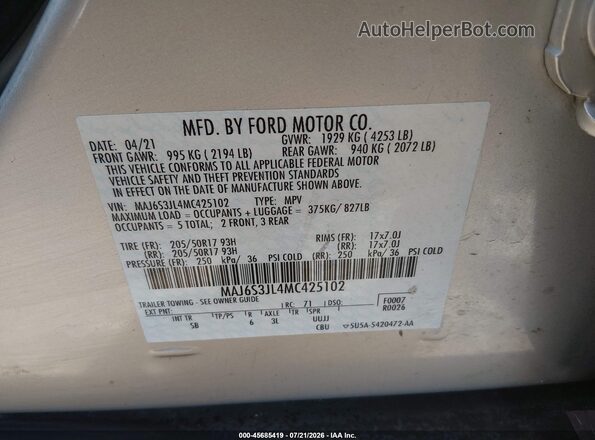 MAJ6S3JL4MC425102 2021 FORD ECOSPORT Silver Engine compartment view