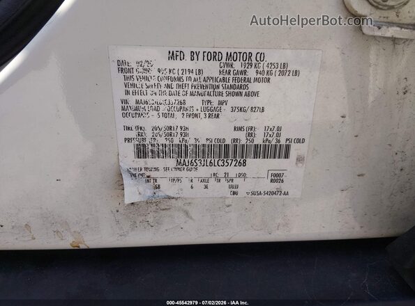 MAJ6S3JL6LC357268 2020 FORD ECOSPORT White Vista del compartimento del motor