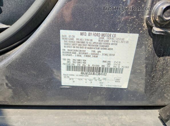 MAJ6S3JL8LC384102 2020 FORD ECOSPORT Gray Widok naklejki z numerem VIN