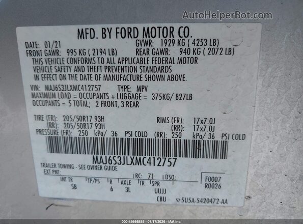 MAJ6S3JLXMC412757 2021 FORD ECOSPORT Серебряный Вид подкапотного пространства