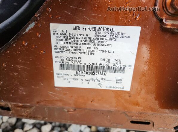 MAJ6S3KL0KC256837 2019 FORD ECOSPORT Brown Вид наклейки з VIN-кодом