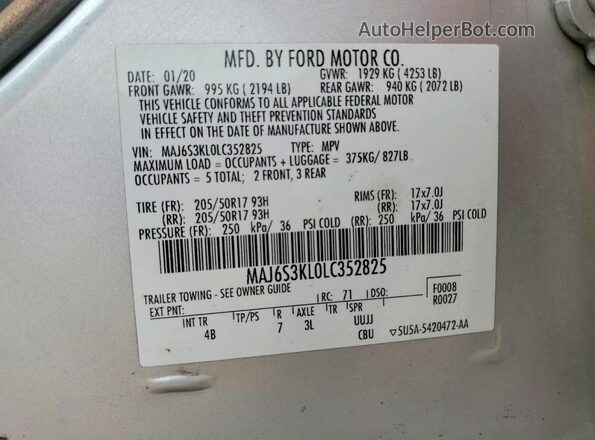 MAJ6S3KL0LC352825 2020 FORD ECOSPORT Silver Widok naklejki z numerem VIN