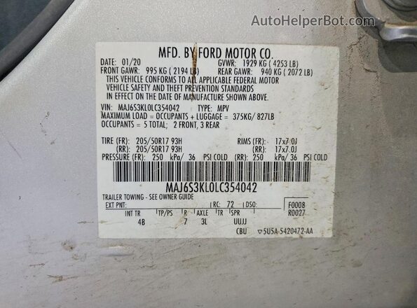 MAJ6S3KL0LC354042 2020 FORD ECOSPORT Silver VIN კოდის სტიკერის ხედი