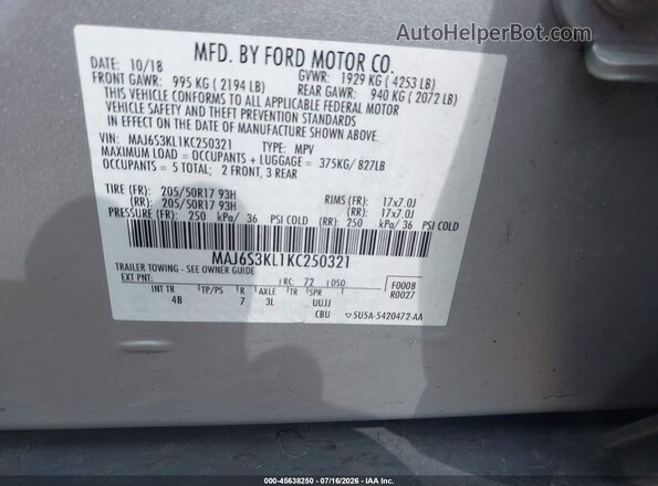 MAJ6S3KL1KC250321 2019 FORD ECOSPORT Silver Вид підкапотного простору