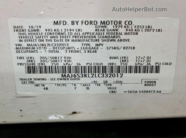 MAJ6S3KL2LC332012 2020 FORD ECOSPORT White 360 interior view
