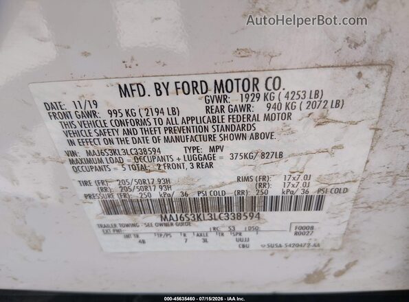 MAJ6S3KL3LC338594 2020 FORD ECOSPORT White ძრავის განყოფილების ხედი