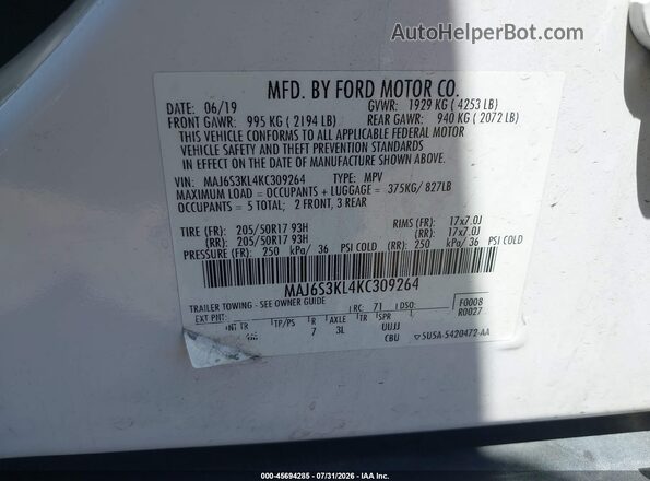 MAJ6S3KL4KC309264 2019 FORD ECOSPORT White Շարժիչի բաժամունքի տեսք
