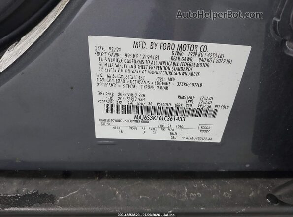 MAJ6S3KL6LC361433 2020 FORD ECOSPORT Gray Vista del compartimento del motor