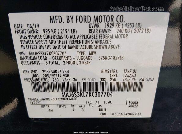 MAJ6S3KL7KC307704 2019 FORD ECOSPORT Черный Вид подкапотного пространства