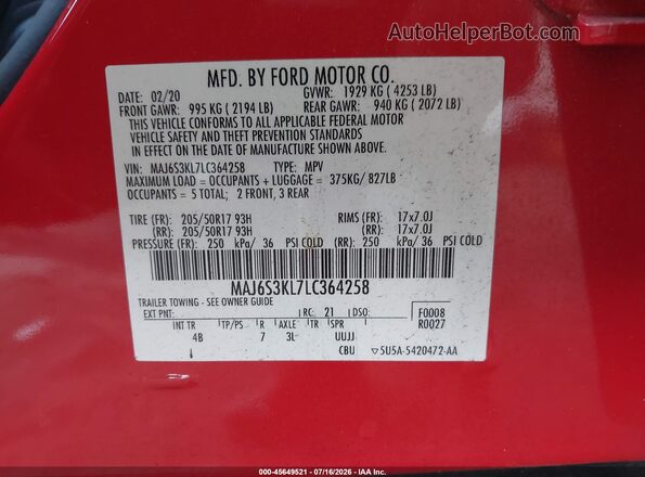 MAJ6S3KL7LC364258 2020 FORD ECOSPORT Red Вид підкапотного простору