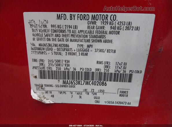 MAJ6S3KL7MC402086 2021 FORD ECOSPORT Red ძრავის განყოფილების ხედი
