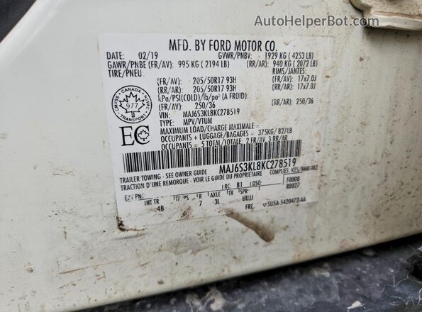 MAJ6S3KL8KC278519 2019 FORD ECOSPORT Белый Вид наклейки с VIN-кодом