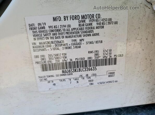 MAJ6S3KL8LC326635 2020 FORD ECOSPORT Белый Вид наклейки с VIN-кодом