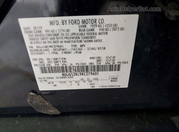 MAJ6S3KL9KC279601 2019 FORD ECOSPORT Black Widok naklejki z numerem VIN