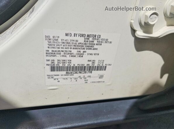 MAJ6S3KL9KC281798 2019 FORD ECOSPORT Белый Вид наклейки с VIN-кодом