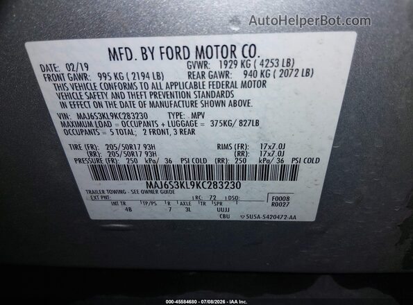 MAJ6S3KL9KC283230 2019 FORD ECOSPORT Silver Vista del compartimento del motor