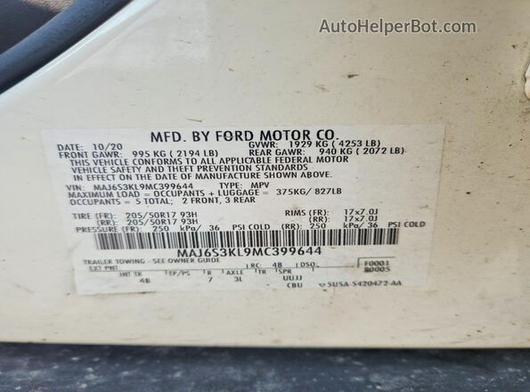 MAJ6S3KL9MC399644 2021 FORD ECOSPORT Белый Панорамный вид салона 360°