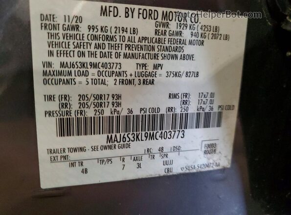 MAJ6S3KL9MC403773 2021 FORD ECOSPORT Gray VIN կոդի պիտակի տեսք