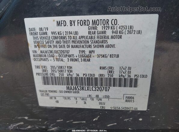 MAJ6S3KLXLC320707 2020 FORD ECOSPORT Gray Շարժիչի բաժամունքի տեսք