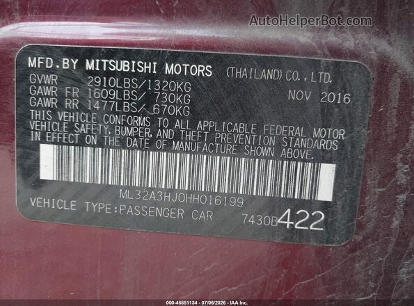 ML32A3HJ0HH016199 2017 MITSUBISHI MIRAGE Purple ძრავის განყოფილების ხედი
