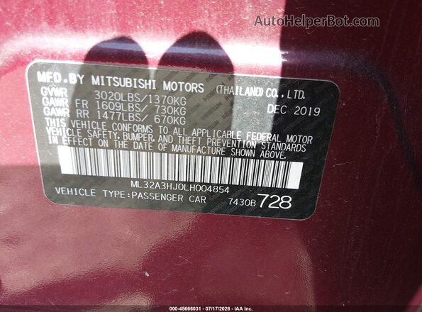 ML32A3HJ0LH004854 2020 MITSUBISHI MIRAGE Фиолетовый Вид подкапотного пространства