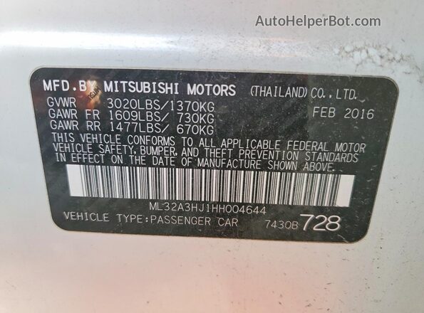 ML32A3HJ1HH004644 2017 MITSUBISHI MIRAGE White Вид підкапотного простору