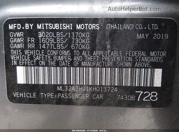ML32A3HJ1KH013724 2019 MITSUBISHI MIRAGE Gray Շարժիչի բաժամունքի տեսք