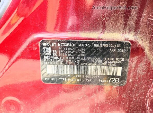 ML32A3HJ2KH012467 2019 MITSUBISHI MIRAGE Purple Widok komory silnika
