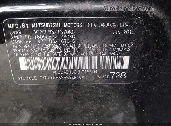 ML32A3HJ2KH015594 2019 MITSUBISHI MIRAGE Black Widok komory silnika