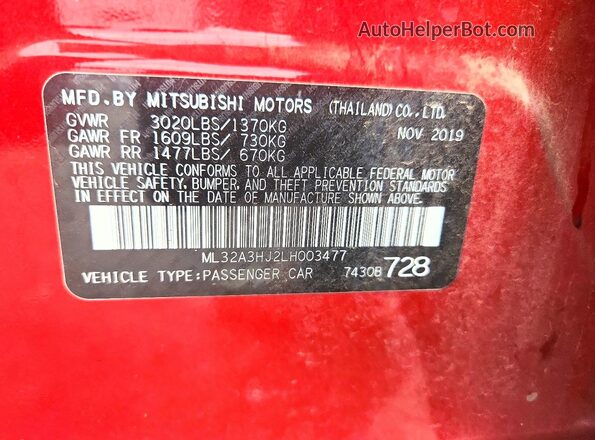 ML32A3HJ2LH003477 2020 MITSUBISHI MIRAGE Red Widok komory silnika