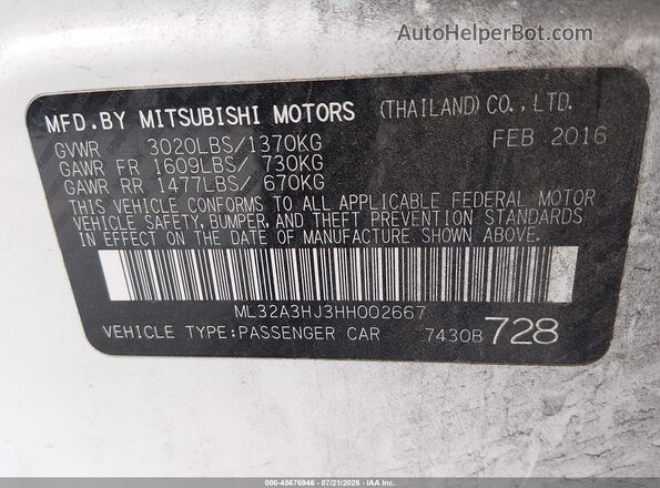 ML32A3HJ3HH002667 2017 MITSUBISHI MIRAGE White Vista del compartimento del motor