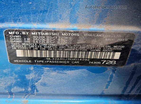 ML32A3HJ3KH014292 2019 MITSUBISHI MIRAGE Blue ძრავის განყოფილების ხედი