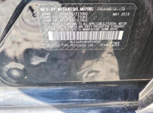 ML32A3HJ4KH014690 2019 MITSUBISHI MIRAGE Black Vista del compartimento del motor