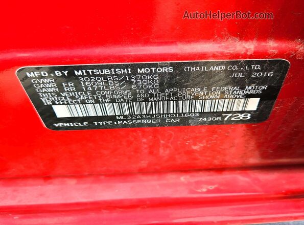 ML32A3HJ5HH011693 2017 MITSUBISHI MIRAGE Красный Вид подкапотного пространства