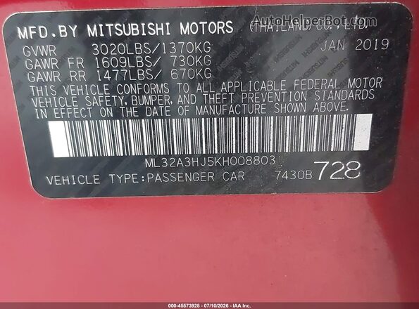 ML32A3HJ5KH008803 2019 MITSUBISHI MIRAGE Red Vista del compartimento del motor