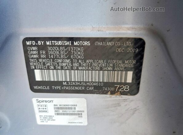 ML32A3HJ5LH004610 2020 MITSUBISHI MIRAGE Silver VIN sticker view