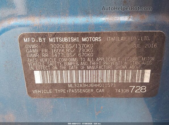 ML32A3HJ6HH011573 2017 MITSUBISHI MIRAGE Blue ძრავის განყოფილების ხედი