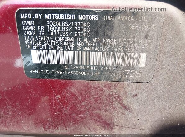 ML32A3HJ6HH013758 2017 MITSUBISHI MIRAGE Maroon Вид підкапотного простору