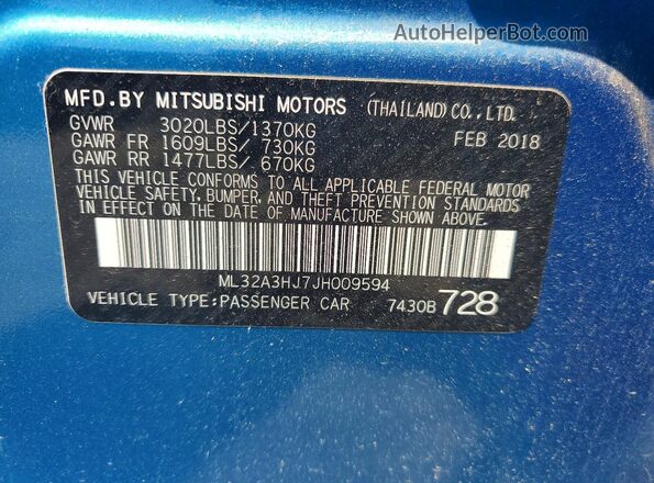 ML32A3HJ7JH009594 2018 MITSUBISHI MIRAGE Blue Вид підкапотного простору