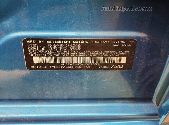 ML32A3HJ7KH007653 2019 MITSUBISHI MIRAGE Blue Вид підкапотного простору