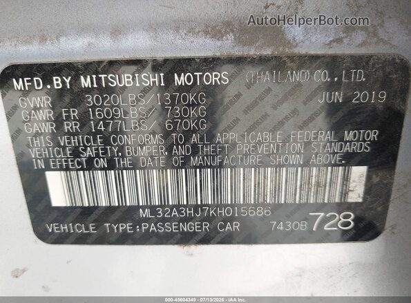 ML32A3HJ7KH015686 2019 MITSUBISHI MIRAGE Silver Вид підкапотного простору