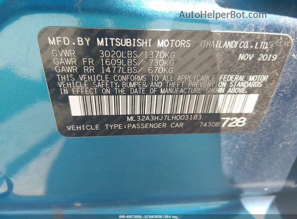 ML32A3HJ7LH003183 2020 MITSUBISHI MIRAGE Blue ძრავის განყოფილების ხედი