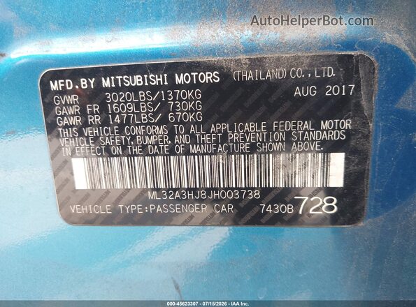 ML32A3HJ8JH003738 2018 MITSUBISHI MIRAGE Blue ძრავის განყოფილების ხედი