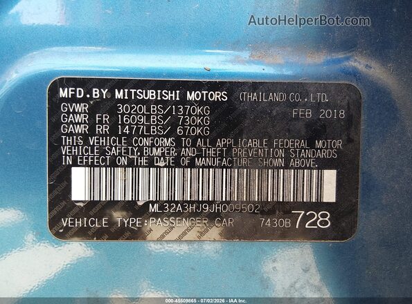 ML32A3HJ9JH009502 2018 MITSUBISHI MIRAGE Blue Вид підкапотного простору
