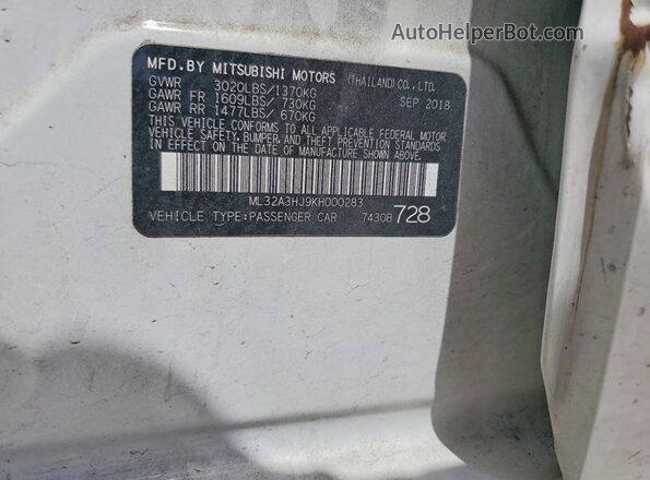 ML32A3HJ9KH000283 2019 MITSUBISHI MIRAGE White Շարժիչի բաժամունքի տեսք