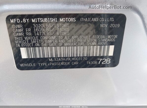 ML32A3HJ9LH003170 2020 MITSUBISHI MIRAGE Silver Widok komory silnika