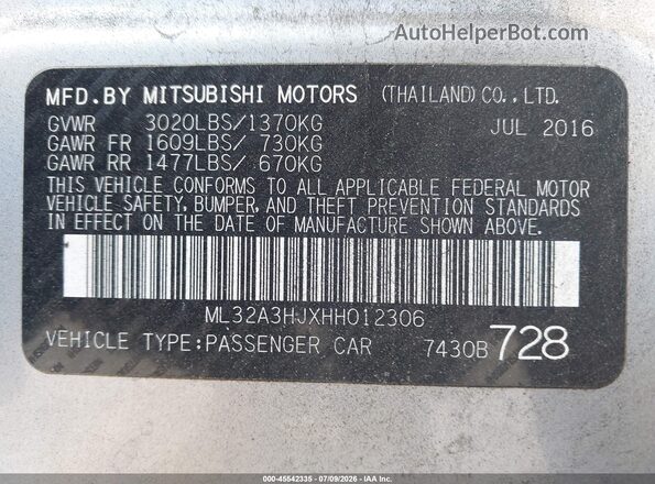 ML32A3HJXHH012306 2017 MITSUBISHI MIRAGE Silver Vista del compartimento del motor