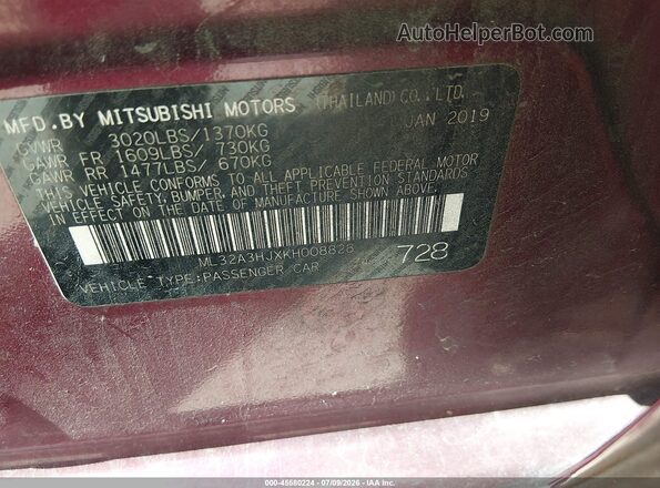 ML32A3HJXKH008828 2019 MITSUBISHI MIRAGE Burgundy Շարժիչի բաժամունքի տեսք