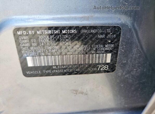 ML32A4HJ4JH011874 2018 MITSUBISHI MIRAGE Gray Vista de la etiqueta del VIN
