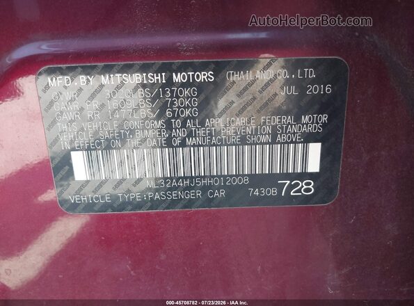 ML32A4HJ5HH012008 2017 MITSUBISHI MIRAGE Purple Շարժիչի բաժամունքի տեսք